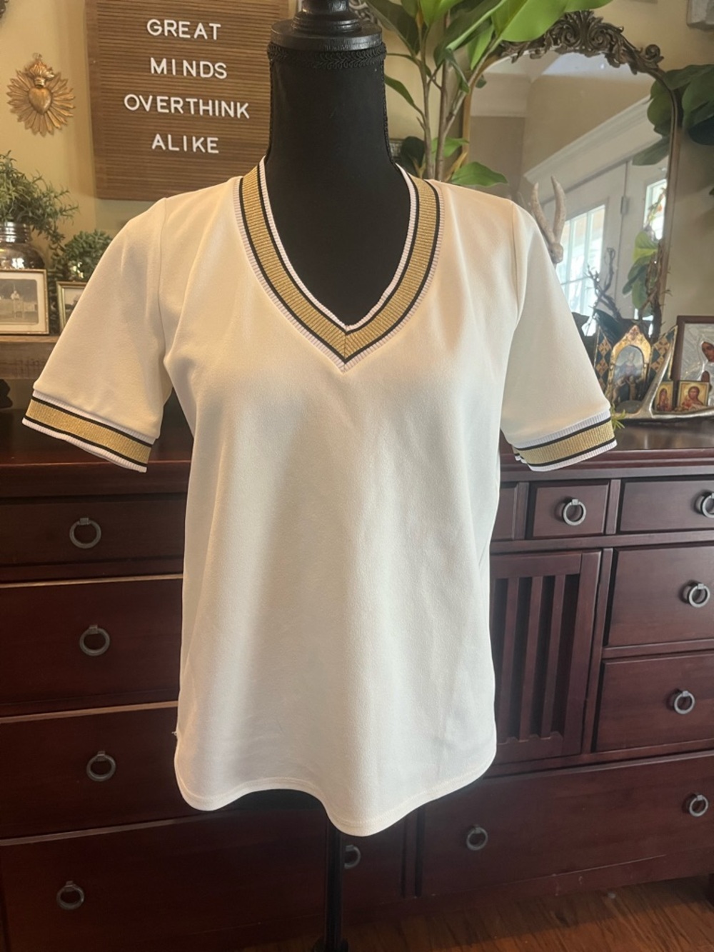 River Island White V-Neck Short Sleeve Top with Sporty Black & Gold Trim